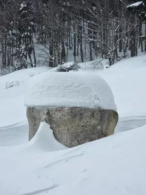 a snow covered rock sitting in the snow at Wellba Holiday Home Otlica in Ajdovščina