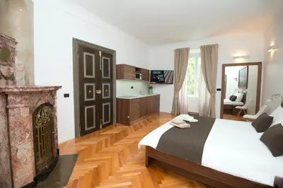 a bedroom with a large bed and a fireplace at Zois Apartments in Ljubljana