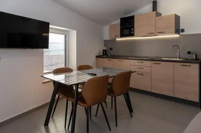 a kitchen with a table and chairs in a room at Apartments Pr' Užlejbvih in Podnanos