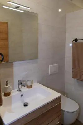 a bathroom with a sink and a mirror and a toilet at Apartments Pr' Užlejbvih in Podnanos