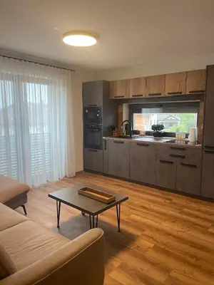 a kitchen with a couch and a table in a room at Apartments Wally in Ptuj