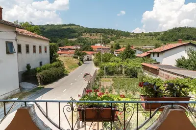 a view of a town from a balcony with flowers at APARTMA in SOBE PILIH in Vipava