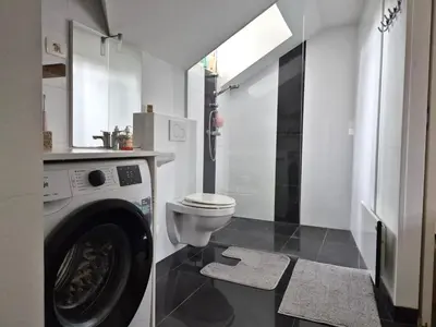 a bathroom with a washing machine and a toilet at Valle Apartment City Center in Ljubljana