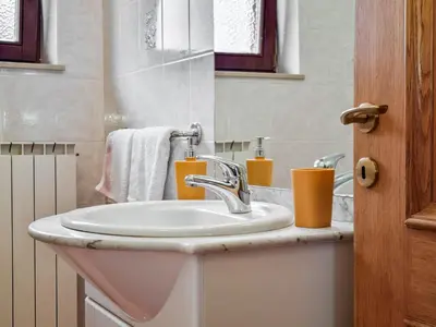 a bathroom with a sink and two orange cups at Apartmaji Čok in Bovec