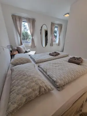 two beds in a bedroom with a mirror at Rozalija house - Počitniška hiša z vrtom ob reki Soči v Solkanu in Solkan