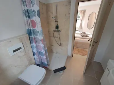 a bathroom with a shower with a toilet and a sink at Rozalija house - Počitniška hiša z vrtom ob reki Soči v Solkanu in Solkan