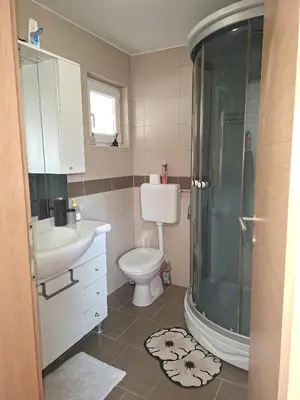 a bathroom with a toilet and a shower and a sink at Holiday house Zala in Puconci