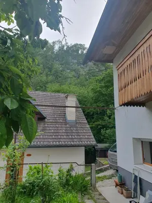 a view of a house with a roof at ALPINE VILLAGE APARTMENT with a private terrace, garden, and parking - at a walking distance from LAKE BLED in Bohinjska Bela