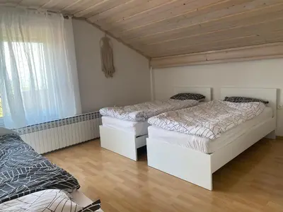 two beds in a room with wooden ceilings at Green Hill in Jesenice na Dolenjskem