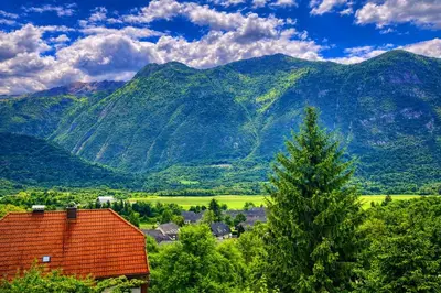 a view of a mountain range with a house and a tree at Apartma Lina in Bovec