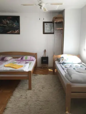 a bedroom with two beds and a mirror on the wall at Wine & Nature & Tour in Ptuj