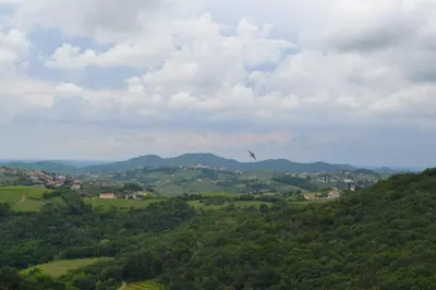 a kite flying in the sky over a green valley at Grad Kojsko in Kojsko
