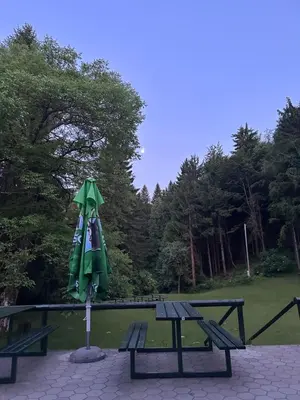 a picnic table with an umbrella next to a park at Planinska koča na Kopitniku in Dol pri Hrastniku