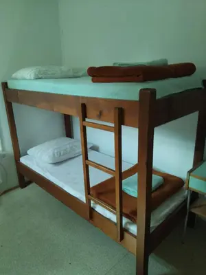 a bunk bed with a wooden frame and a shelf at Planinska koča na Kopitniku in Dol pri Hrastniku