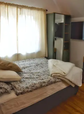 a bedroom with a large bed with a window at Hiša Plesnik in Solčava