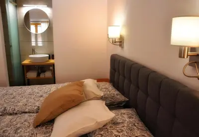 a bedroom with a bed with a sink and a mirror at Hiša Plesnik in Solčava