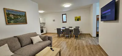 a living room with a couch and a table at Apartments Dvor by the Krka river in Rove