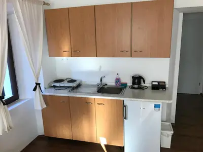 a kitchen with wooden cabinets and a white refrigerator at B&B Rot in Bohinjska Bela