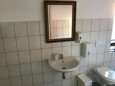 a bathroom with a sink and a toilet and a mirror at B&B Rot in Bohinjska Bela