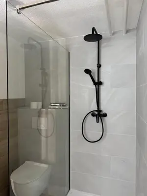 a bathroom with a shower and a toilet in it at Piece of Heaven in Zgornje Gorje