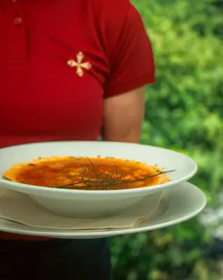 a person holding a plate with a bowl of food at Dvorec Jeruzalem in Ivanjkovci