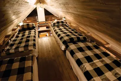 two beds in a wooden room at Apartment Tlaka in Gornji Grad