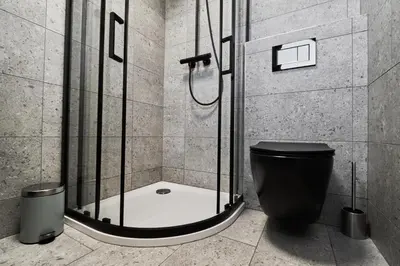 a bathroom with a shower and a toilet at Blue Alpine Nest in Komenda