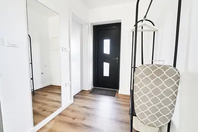 a hallway with a mirror and a black door at Green Alpine Nest in Komenda