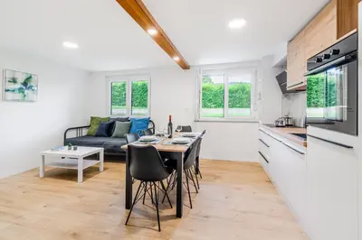 a kitchen and living room with a table and chairs at Apartment SočaFly in Tolmin