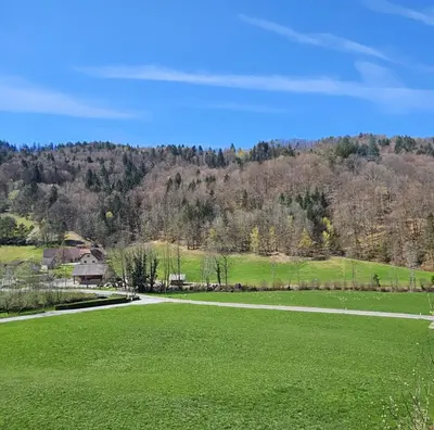 a large green field with a mountain in the background at Cozy ap rooms 2nd floor near Capital of Slovenia in Ljubljana