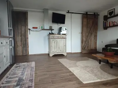 a living room with a tv and a wooden door at Sunny Karla apartment Dramlje in Dramlje