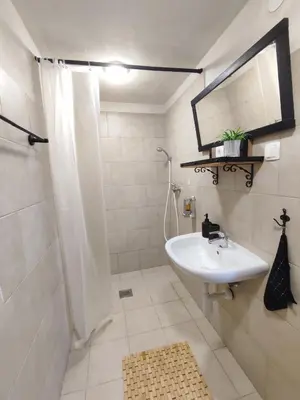 a white bathroom with a sink and a shower at Sunny Karla apartment Dramlje in Dramlje