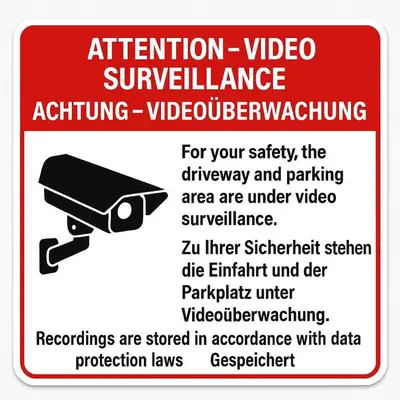 a red and white sign that reads attention video surveillance surveillance sign at Gold Wine Estate in Podlehnik