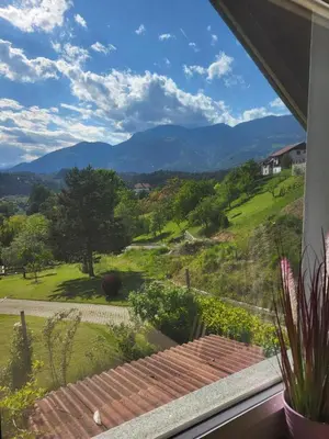 a view from a window of a yard with mountains at Apartma Angelika in Mozirje