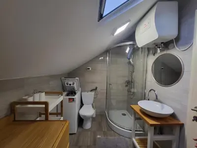 a bathroom with a toilet and a sink and a shower at Apartma Angelika in Mozirje