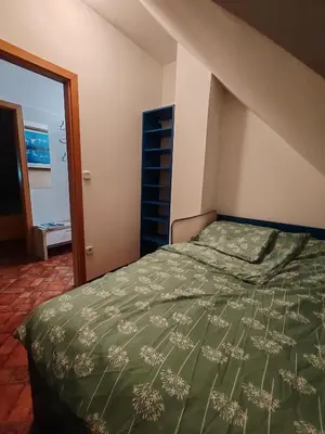 a bedroom with a bed with a green comforter at apartma Pohorc - Kostanj in Pohorje
