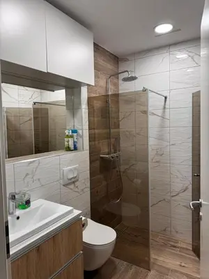 a bathroom with a shower and a toilet and a sink at U Izi 2 in Kranjska Gora