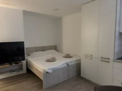 a small bedroom with a bed and a flat screen tv at U Izi 2 in Kranjska Gora