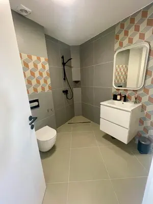 a bathroom with a toilet and a sink and a mirror at Studio Vila Olga in Dutovlje