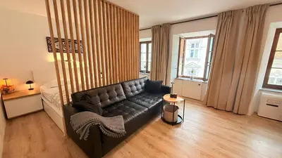 a living room with a black leather couch and a bed at Apartments KrAnJ - City Studio Katka in Kranj