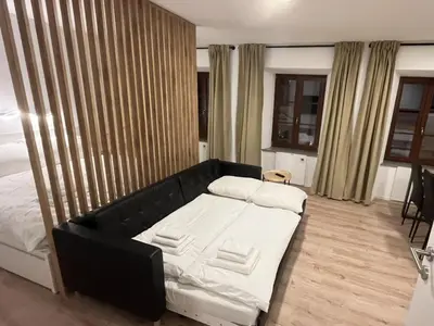 a living room with a black couch and wooden floors at Apartments KrAnJ - City Studio Katka in Kranj