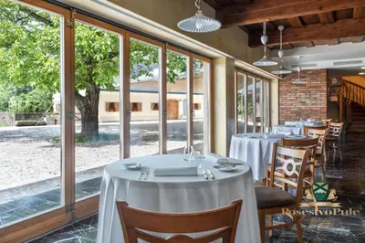 a dining room with tables and chairs and windows at Posestvo Pule Equestrian Estate in Trebelno
