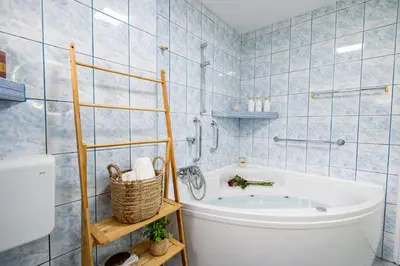 a bathroom with a tub and a toilet at Apartma pod macesnom in Jesenice
