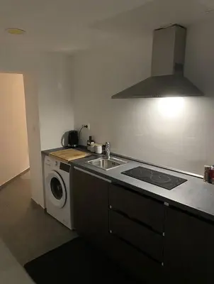 a kitchen with a stove and a washing machine at Art apartment Kranj in Kranj