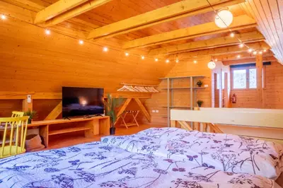 a bedroom with a bed and a tv in a cabin at Chalet Guapa in Bohinj