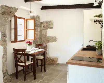 a kitchen with a table and chairs in a room at Prosciutto Kingdom - Kraljestvo pršuta by Pršutarna Ščuka in Štanjel