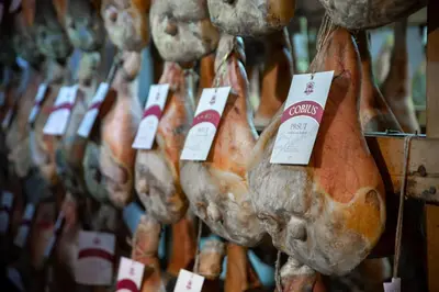 a bunch of sausage hanging on a wall at Prosciutto Kingdom - Kraljestvo pršuta by Pršutarna Ščuka in Štanjel
