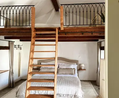 a loft bed with a ladder in a bedroom at Prosciutto Kingdom - Kraljestvo pršuta by Pršutarna Ščuka in Štanjel