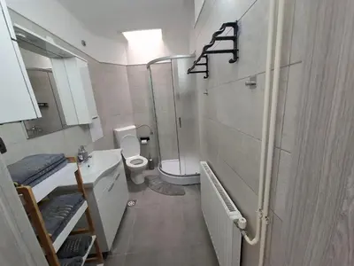 a bathroom with a shower and a toilet and a sink at Tabor View Apartment in Maribor
