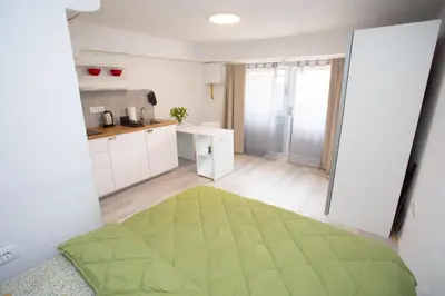 a kitchen with a green rug in the middle of a room at Apartment Studio Green in Ljubljana